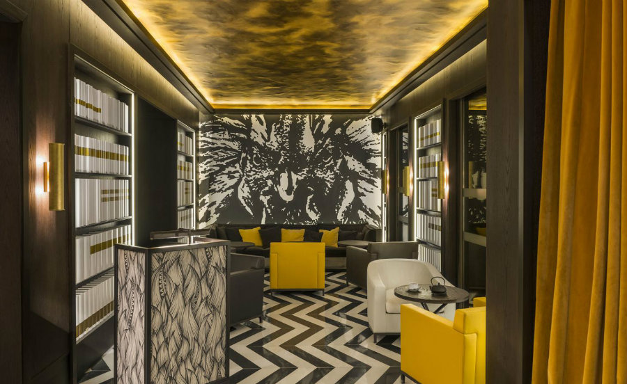 Yellow restaurant interior decor color scheme at Hexagone